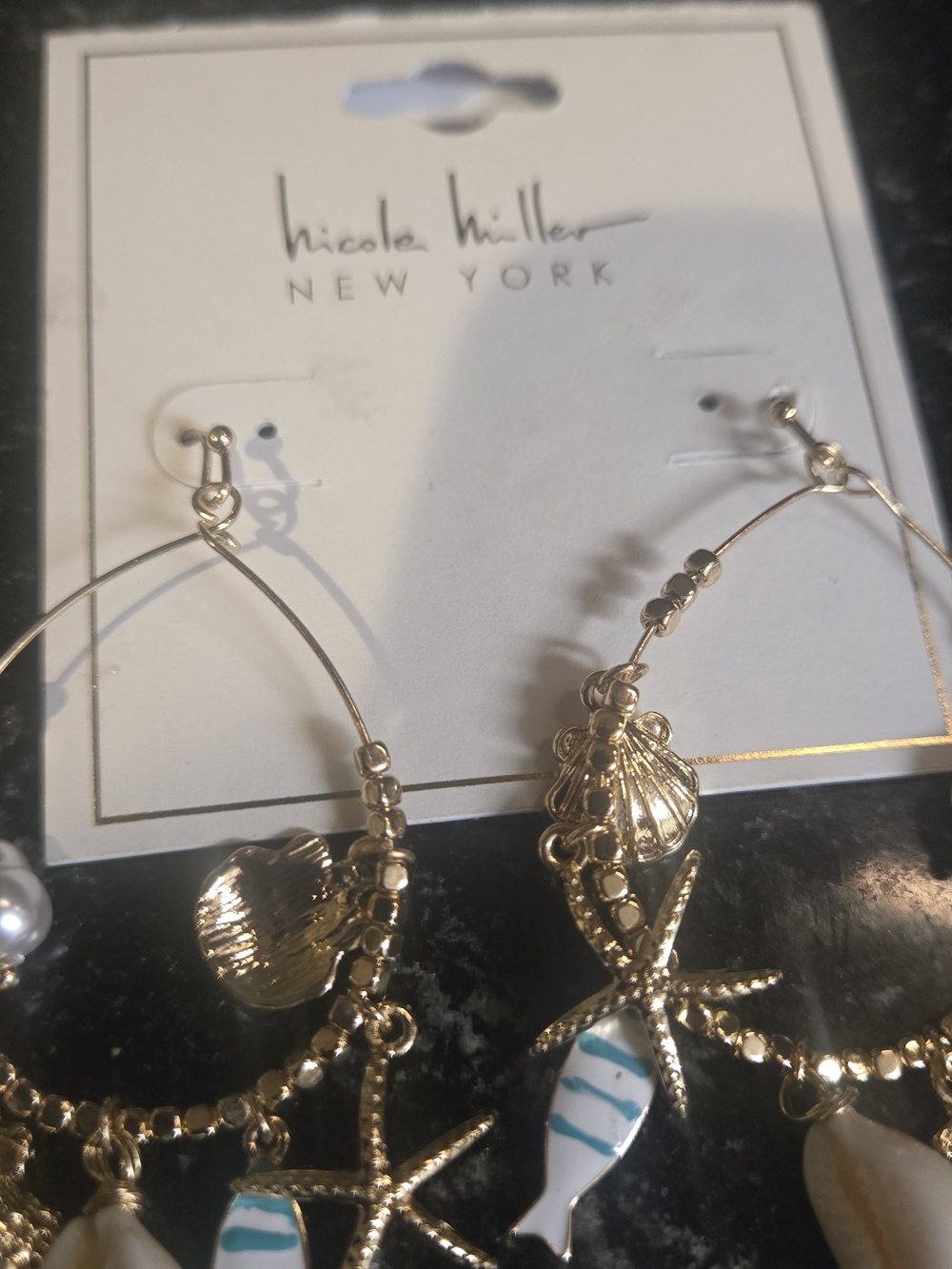 Nicole Miller Gold Hoop Earrings with Turquoise-Striped Fish and Sea Charms